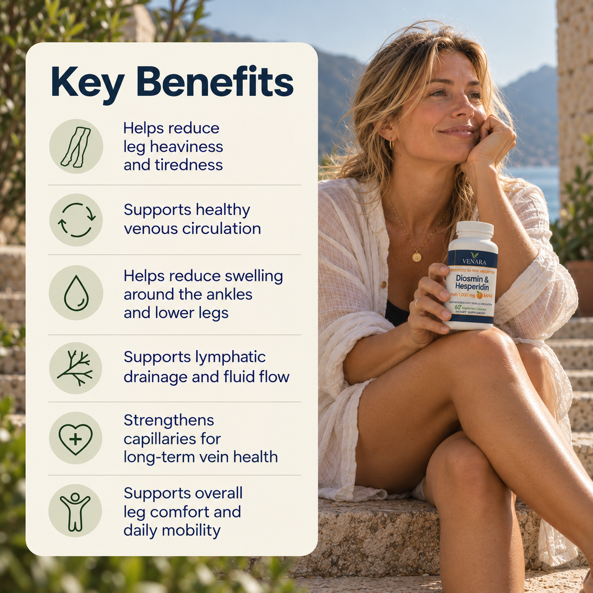 Venara key benefits: supports leg comfort, healthy venous circulation and capillary health