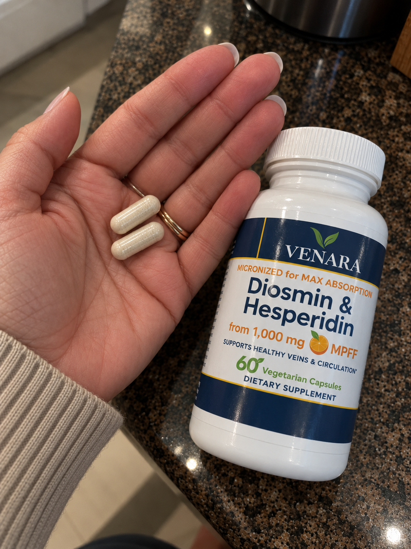 Person holding a bottle of Venara Diosmin & Hesperidin